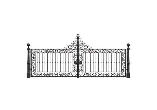 Black ornate wrought iron gate png on transparent background