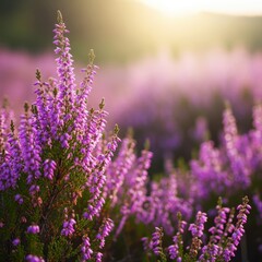 Obraz premium Vibrant purple and pink heather flowers blooming densely in a wild, sunny landscape, showcasing delicate petals and natural texture, wildflower, growth, meadow