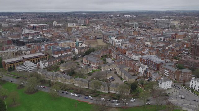 Establishing aerial view of Northampton, town in England's East Midlands. Famous for shoemaking industry