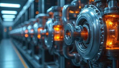 Industrial pipeline system with shiny metallic components and orange glow. Complex machinery operates in a factory or power plant. Futuristic tech setup with detailed mechanical parts inside.