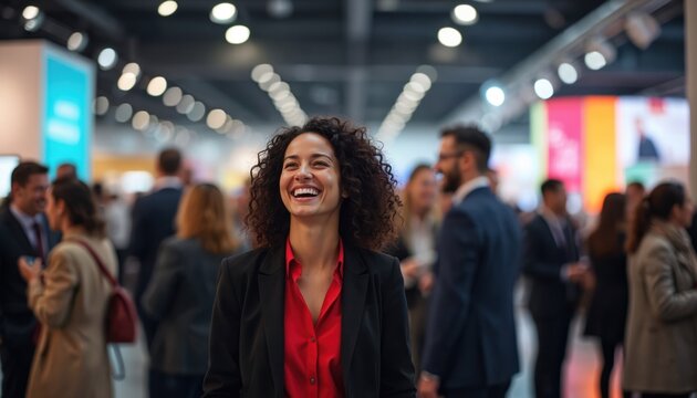 Woman laughs at busy exhibition or business event. People network in large hall with lights. She wears suit and red shirt, looks happy and excited.