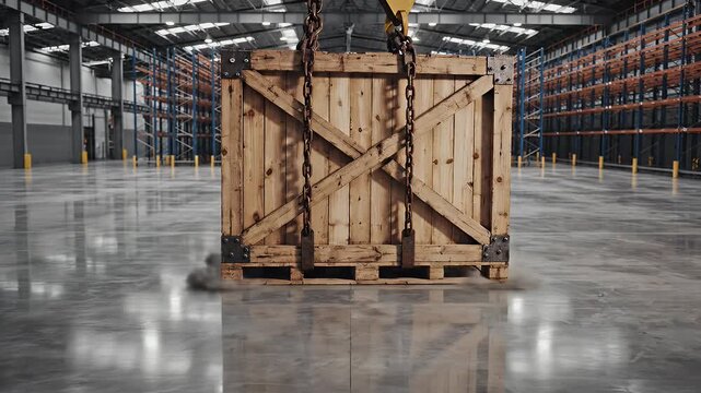 Wooden crate suspended by chains in a warehouse, reflecting on a polished floor