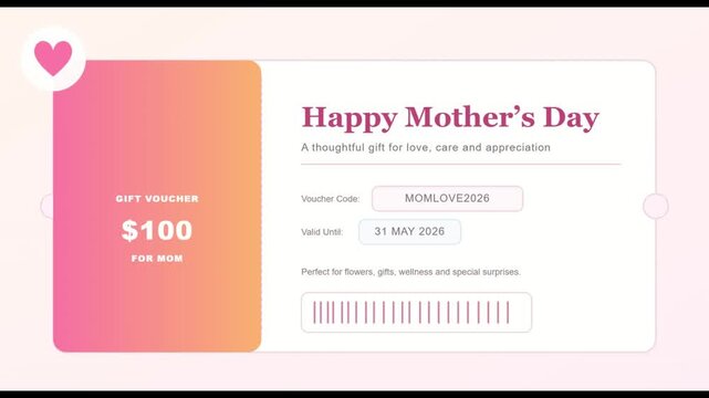 Happy Mother's Day gift voucher template with a pink and orange gradient design. Features a $100 gift amount, voucher code 'MOMLOVE2020', and expiration date '31 MAY 2020'.