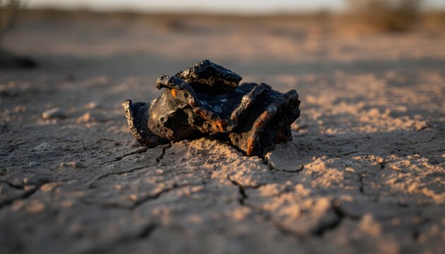 A rusted and exploded artillery shell resting on dry, cracked dirt, highlighting the profound environmental impact concept of conflict.