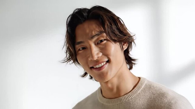 Young Asian man smiling and looking at camera with a friendly expression.