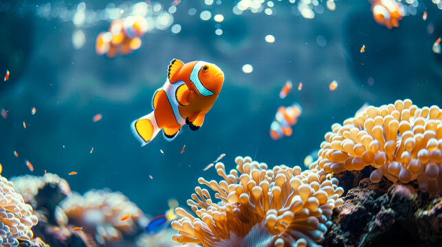 Clownfish swimming in anemone underwater coral reef