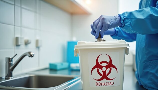 Person in blue gown and gloves disposes of waste into biohazard container. Safe handling of medical rubbish in laboratory or clinic setting prevents contamination and infection risks for staff.