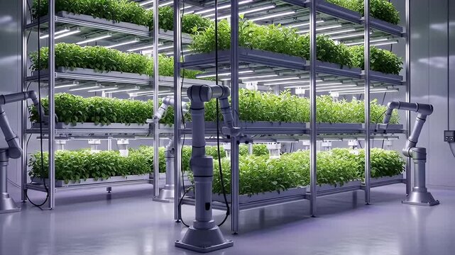 Indoor vertical farm featuring robots tending rows of green plants under grow lights