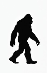 Naklejka premium Giant hairy primate silhouette walking. Mythical Bigfoot creature illustration. Ape like monster with muscular build, upright stance, wild furry appearance, isolated on white.