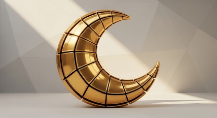 Obraz premium Luxurious golden segmented crescent moon 3D render. Perfect for Islamic holidays Ramadan Eid spirituality elegant modern design.