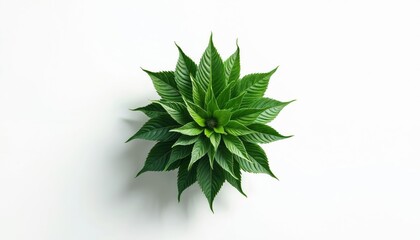 Fototapeta premium Green plant with symmetrical leaves arranged in a circular pattern. Minimalist studio shot on white background with soft shadow. Freshness, nature, growth symbol.