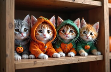 Four cute kittens sit on shelf wearing colorful Halloween hoodies. One kitten wears gray hoodie with pumpkin charm. Kittens sport orange, green hoodies with pumpkin designs. Look forward with large