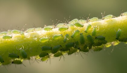 Fototapeta premium Macro close-up of an aphid infestation on a vibrant green plant stem, illustrating a challenging natural pest concept