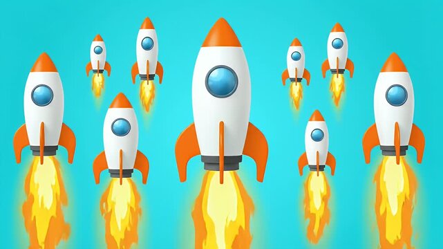 An illustration of a group of rockets with flame during a launch into the sky.