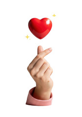 Fototapeta premium Delicate light-skinned hand in a soft pink sleeve forming the korean finger heart, macro shot with a glossy red heart and sparkling stars. concept of tender love and positivity
