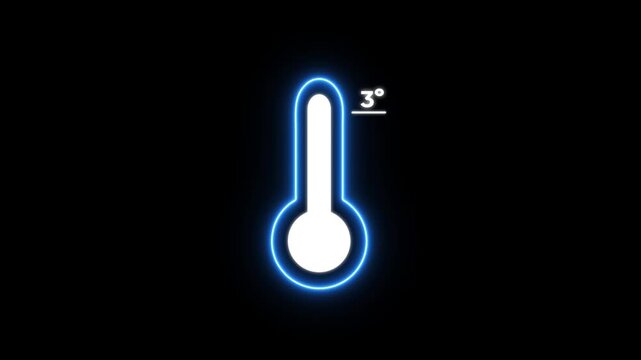 Glowing blue thermometer with temperature reading 3 degrees on black background for weather forecast or temperature concept