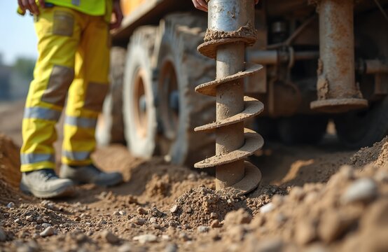 Worker in yellow pants and safety vest uses drill rig for soil sampling. Machine extracts earth material for foundation testing. Geotechnical analysis at construction site.