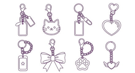 Collection of simple line art keychains featuring various charms and shapes © Art