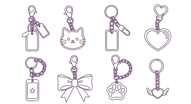 Collection of simple line art keychains featuring various charms and shapes