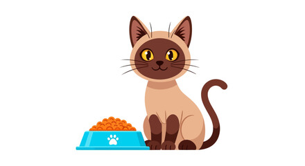 A cartoon cat sitting next to a bowl of food with a curious expression viewed from the front © Art