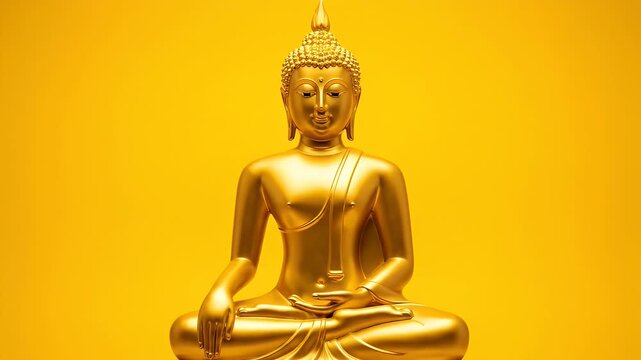 A gold Buddha statue in a peaceful meditation pose on a vibrant yellow background.