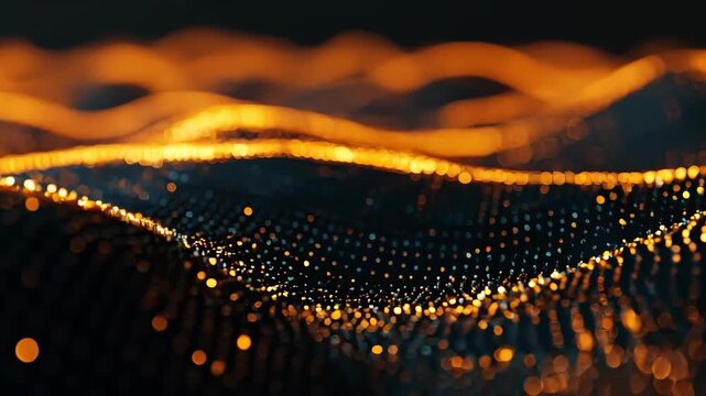 Dynamic Data Stream: An abstract view of flowing data, represented by interconnected glowing dots forming undulating waves against a dark backdrop, symbolizing the digital age and interconnectedness.