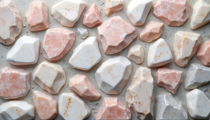 Rough, irregular polished stones in pink white and grey hues form a seamless pattern. Natural rock material creates a textured background for design or decor. Pebble art forms abstract surface.