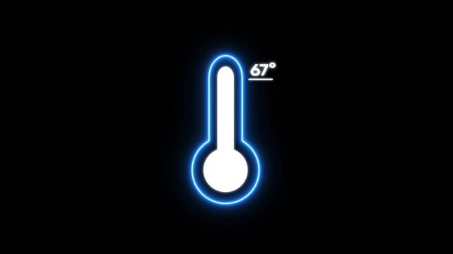 Glowing blue thermometer with temperature 67 degrees on black background neon weather