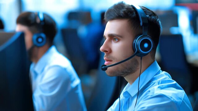 Customer Service Excellence: A focused customer service representative provides support and assistance with a headset, working within a professional office environment.