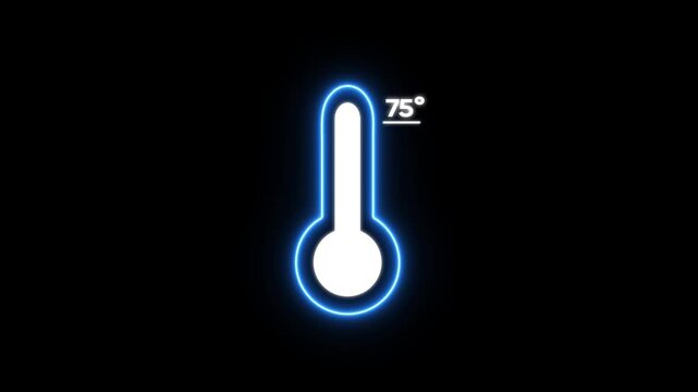 Glowing Blue Thermometer with 75 Degrees Temperature Reading on Black Background neon