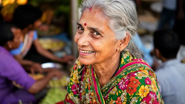Portrait of Radiant Elder Woman: A close-up shot of a serene elderly woman with a warm smile, adorned with traditional attire and a subtle red bindi, embodies the beauty of experience.