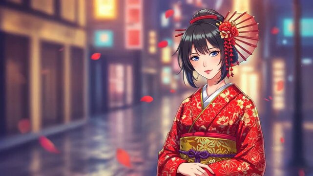Elegant Geisha in the City: A graceful geisha, adorned in a vibrant kimono, strolls amidst the softly blurred lights of the cityscape, her presence an emblem of beauty and cultural richness.