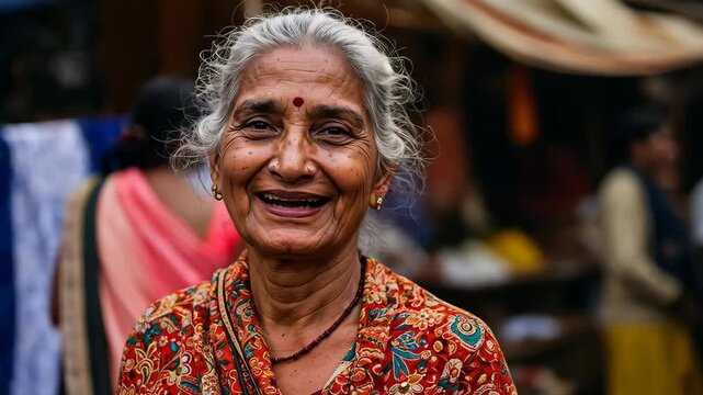 Radiant Smile of an Elder: A warm and inviting portrait of an elder woman, her face etched with the wisdom of years, radiating pure happiness and contentment.