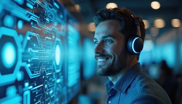 Man with headset looks at futuristic glowing digital interface with circuits. He smiles. Blue light reflects on his face. Technology concept.