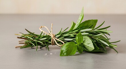 Obraz premium Fresh Rosemary and Basil Herbs Bundle with Water Drops Close Up on Minimal Background