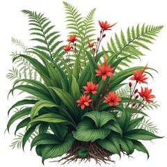 Vibrant red flowers bloom amid lush green tropical foliage and ferns. Illustration shows detailed leaves and plant roots. Exotic botany design for nature and garden themes.