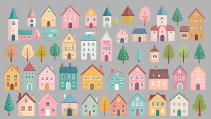 Fototapeta premium Colorful Small Town Building Collection with Church Houses Apartments and Trees Flat Vector Set