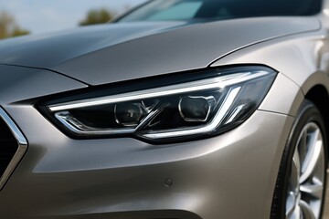 Close-up detail of a modern grey car's sleek LED headlight and front bodywork, highlighting contemporary automotive design and technology. Ideal for advertising, reviews, and luxury concepts.