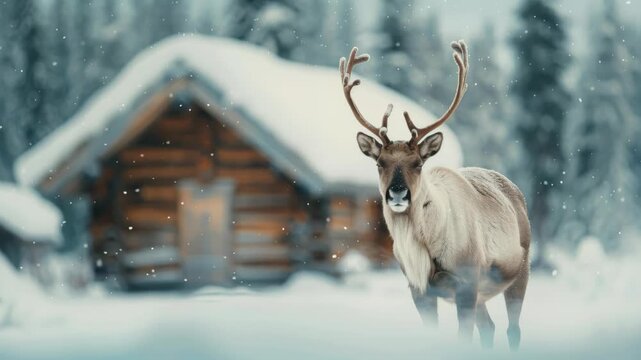 Winter's Embrace: A reindeer stands proudly in a snowy landscape, its antlers a striking feature against the backdrop of a rustic cabin, embodying the serene beauty of the winter season.