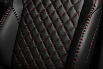 Fototapeta premium Detailed close-up of a luxurious black leather car seat featuring elegant red diamond quilting. Ideal for automotive, interior design, luxury branding, or texture backgrounds.