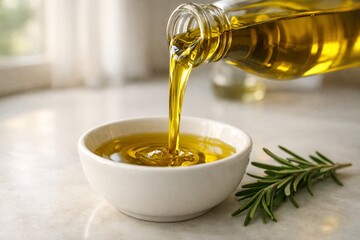 Mediterranean style kitchen setting with pouring olive oil into ceramic dish and rosemary