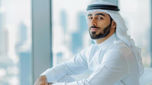 Poised Arabian Gentleman: A composed Arab gentleman, clad in traditional attire, gazes serenely, embodying cultural pride against the backdrop of an urban landscape.