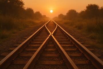 Obraz premium A serene image of railway tracks splitting and receding into a misty horizon, bathed in the warm glow of a golden sunset. Ideal for concepts of decision-making, paths, and new beginnings.