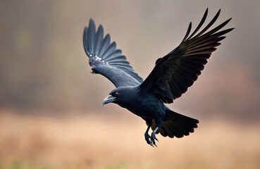 Fototapeta premium Black raven flies in the air with wings spread wide. Bird with dark feathers hovers near the ground. It prepares to land or take off in a natural environment with soft light.
