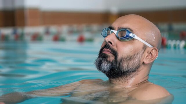 Serene Dip: A man, embracing tranquility within a pool, wearing swim goggles, his eyes closed, immersed in water.