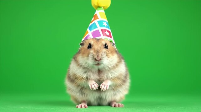 A cute hamster wearing a colorful birthday hat posing on a green screen.