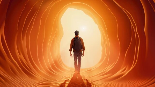 Path to Discovery: A solitary figure, a backpack on his shoulders, steps boldly into a sunlit cave, symbolizing exploration and the journey of life.