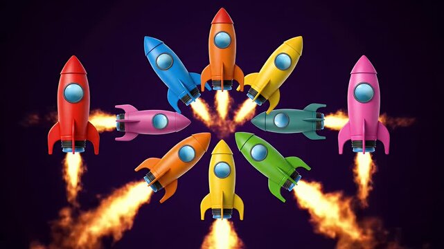 Colorful illustration of multiple rockets launching in a circle into space.