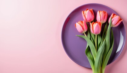 Obraz premium Pink tulips arranged on purple plate against pink background. Minimalist top view flat lay for spring holidays celebration. Suitable for Valentine or Mother Day.