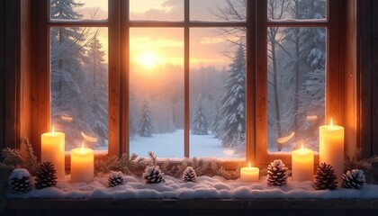 Warm lit candles and pinecones on snowy window sill overlooking tranquil winter forest at sunrise. Peaceful cozy cabin scene with frosted trees, soft dawn light. Serene holiday mood.